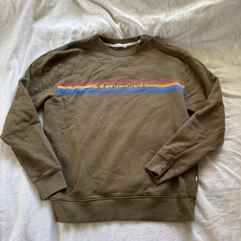 Cotopaxi Medium Crewneck Sweatshirt Olive Green Multi Color Stripe